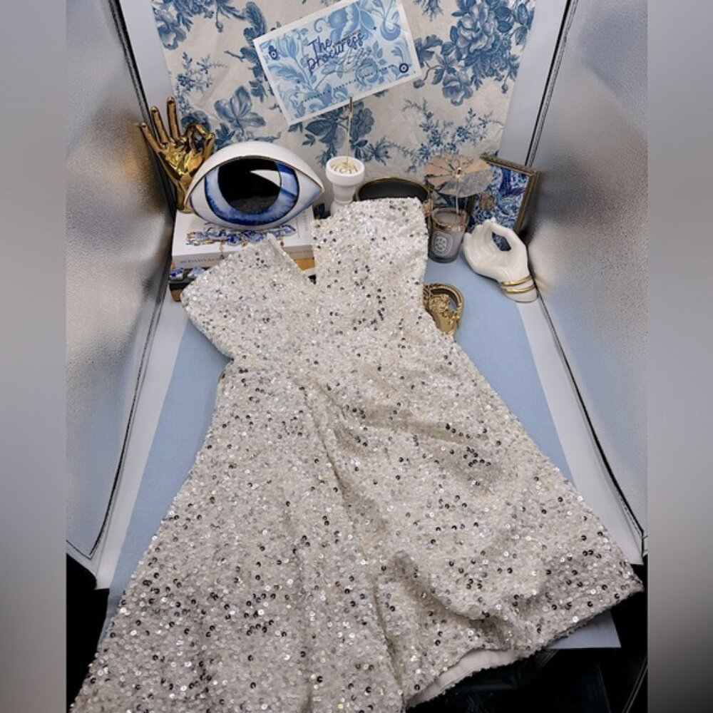 🆕 RETROFETE 🧿 NWOT Omer Sequin Dress, White & Silver, Sz XS (UK 8 US 4 ) - Picture 2 of 16